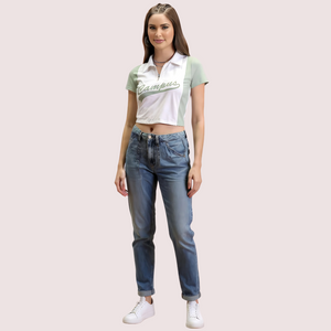 Women's Mint Green Campus Polo Crop Top - Casual Sporty Tee