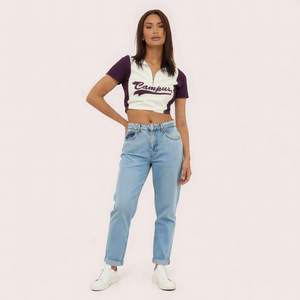 Women's Purple Campus Zip Polo Crop Top - Collegiate-Inspired Style