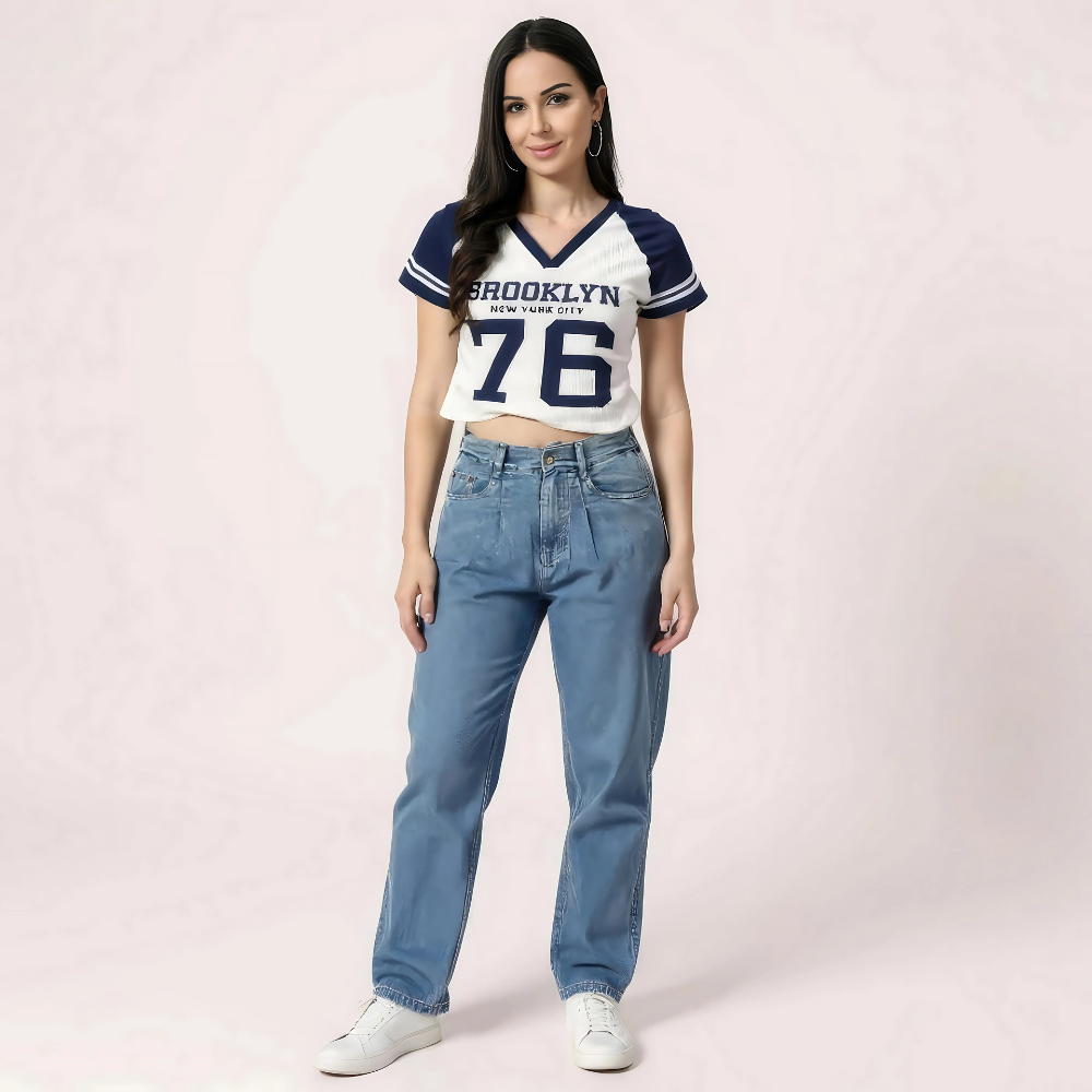 Brooklyn 76 Varsity Crop Top - Navy & White