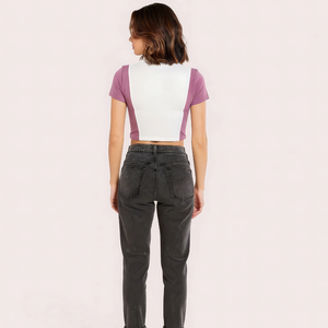 Campus Vibes Colorblock Zip Crop Top - Lilac & White