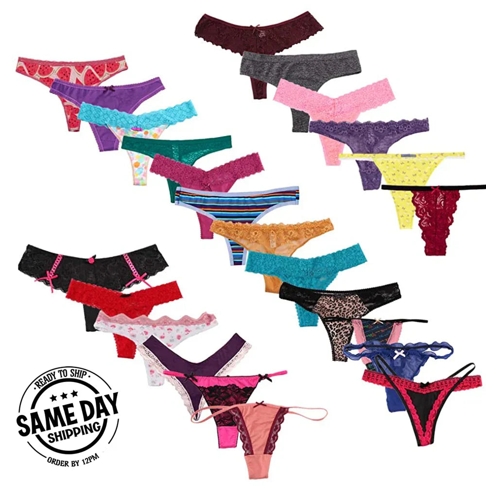 Assorted women's lingerie thongs in vibrant colors and patterns, featuring lace and floral designs