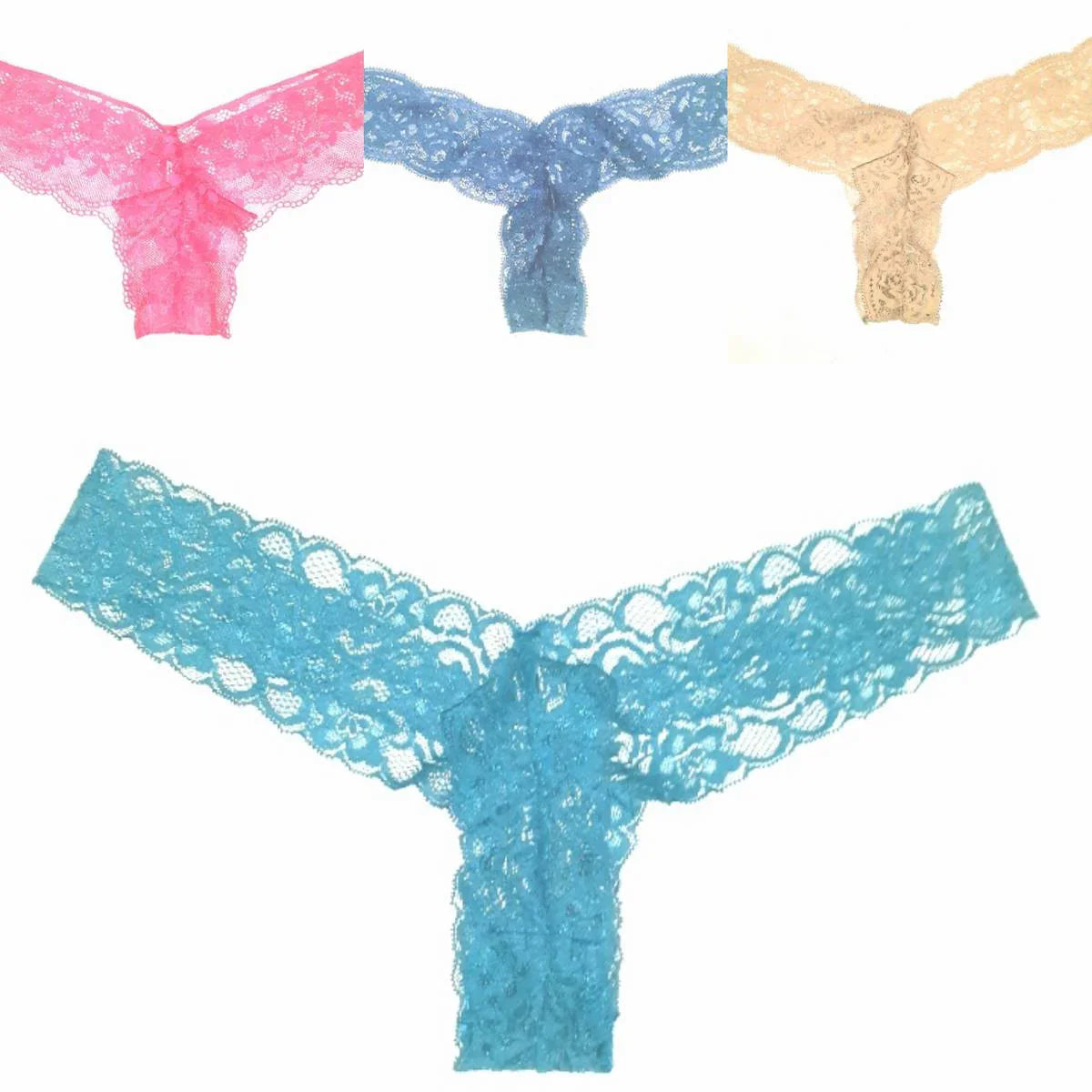 Lace thong underwear in pink, blue, beige, and teal for women's elegant lingerie collection