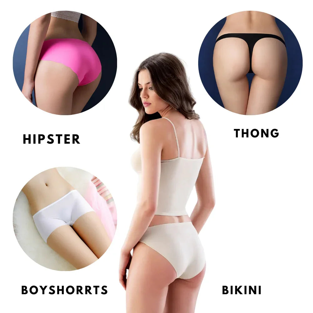 Women's lingerie collection featuring hipster, thong, boyshorts, and bikini styles for comfort and elegance