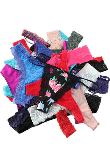 Assorted women's lace lingerie in vibrant colors and floral patterns, featuring comfortable and elegant designs.