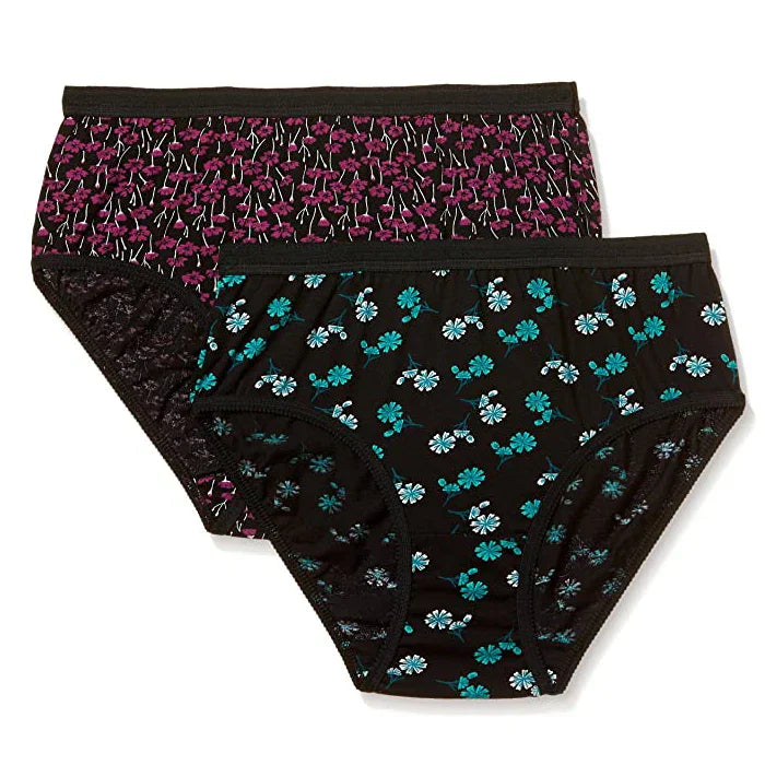 Black floral print women's underwear set with lace trim, featuring purple and teal blooms for comfort and elegance.