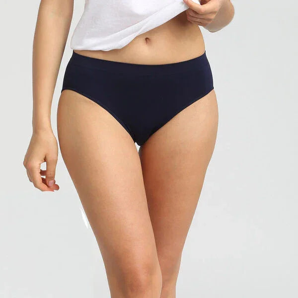 Navy blue high-waisted women's underwear for comfort and elegance, styled with white top.