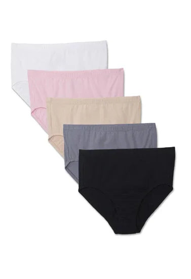 Five-pack women's cotton underwear in white, pink, beige, gray, and black for comfort and everyday wear.