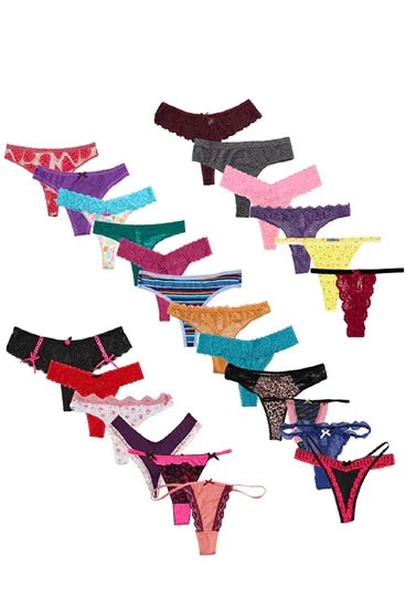 Assorted women's lingerie thongs in vibrant colors and lace designs for comfort and elegance