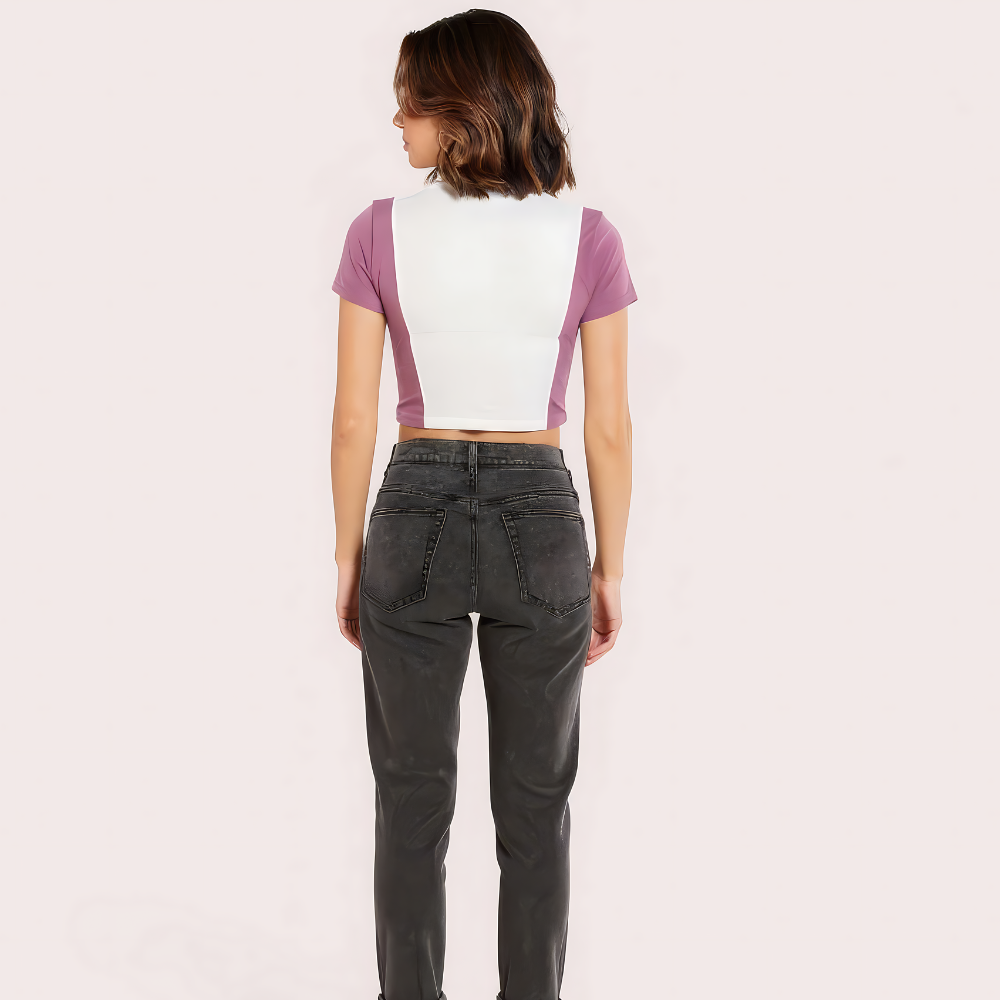 Campus Vibes Colorblock Zip Crop Top - Lilac & White