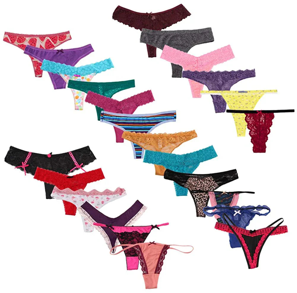 Assorted women's lace thongs and panties in vibrant colors and patterns for comfortable elegance