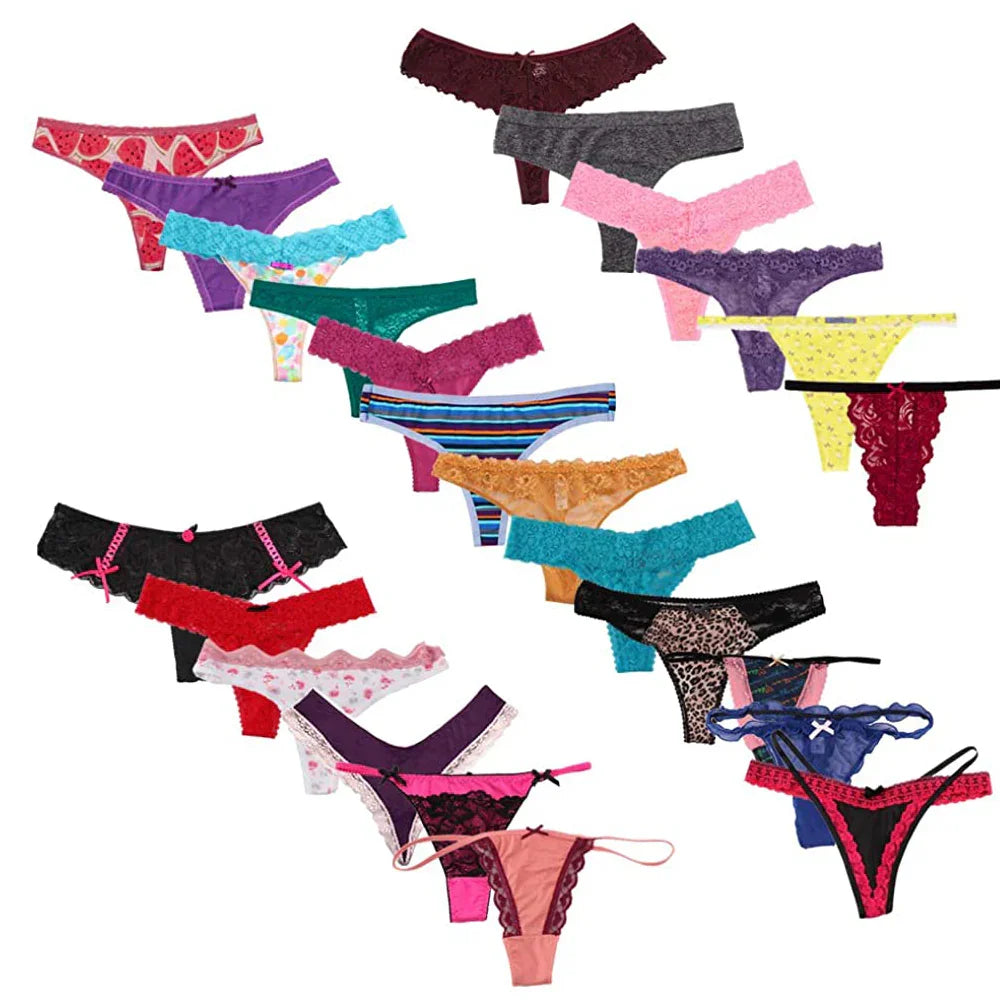 Assorted women's lingerie thongs in colorful lace, floral, and patterned designs for comfort and elegance.