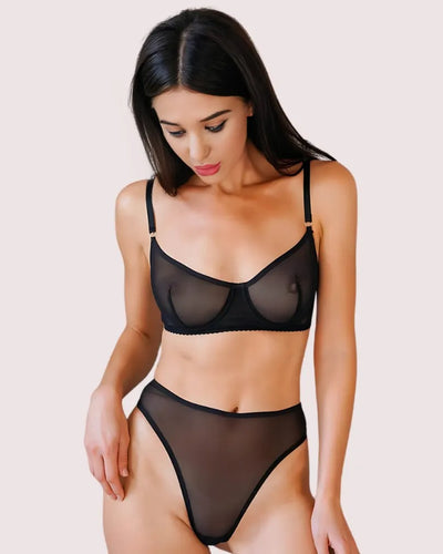 Black Ruby Whisper See-Through Bra & Thong Set — Sheer Lace Intimate Set