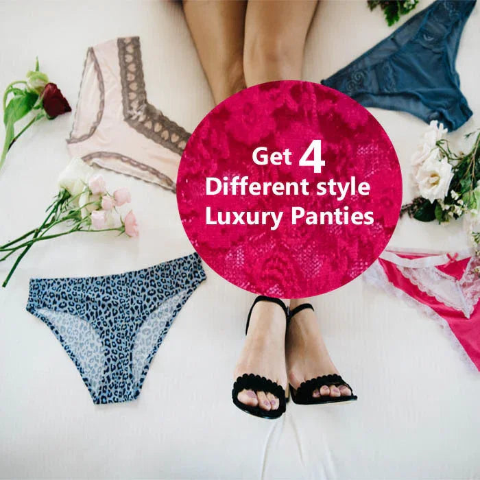 4 luxury panties in different styles: lace, leopard, solid &amp; floral — elegant women's lingerie set with roses